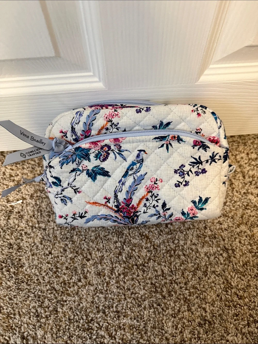 Vera Bradley Quilted Floral Zip Cosmetic Pouch in White with Blue and Pink